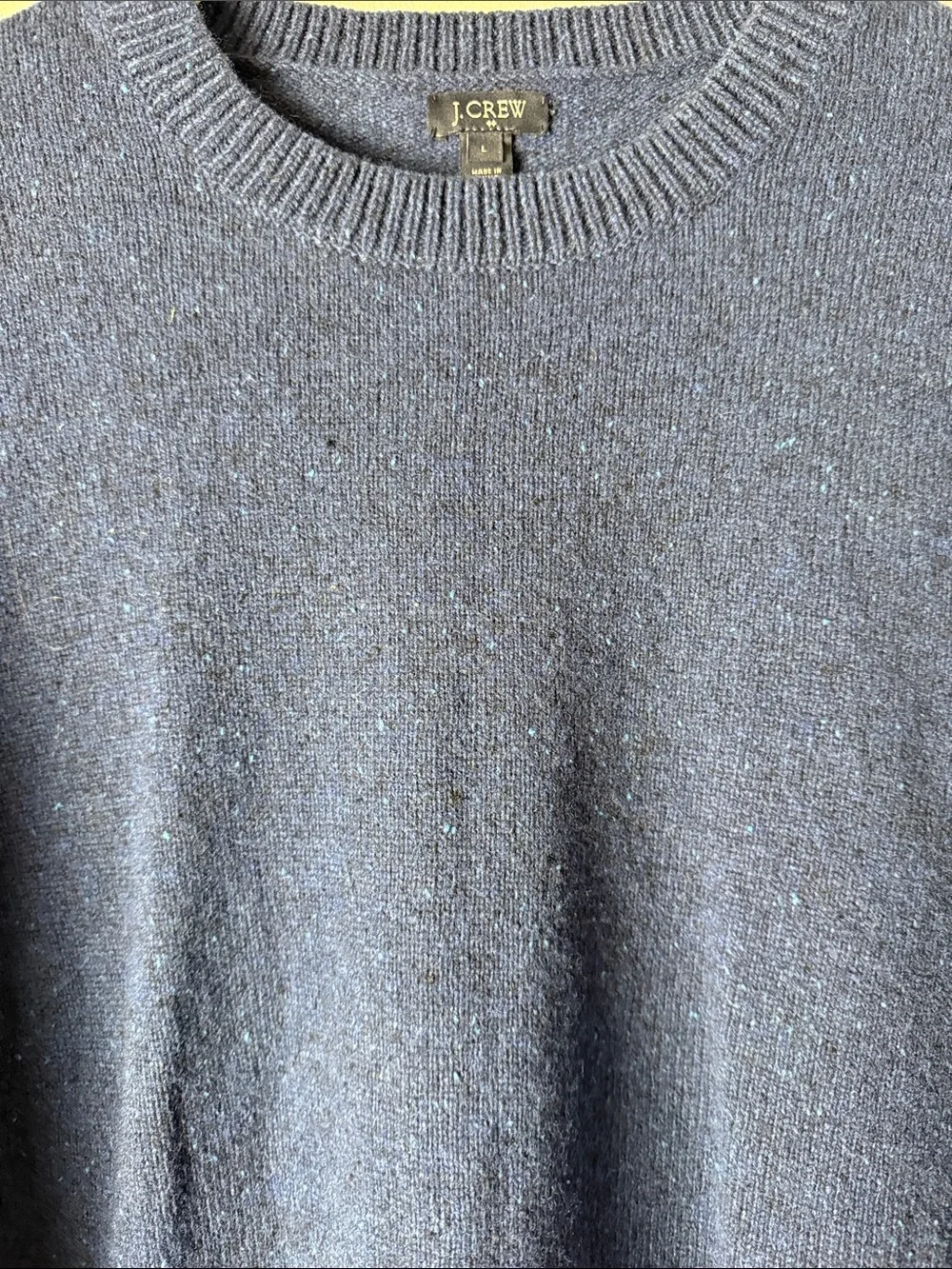 Vintage J. Crew Navy Crewneck Sweater with Tan Elbow Patches.  80% lambswool